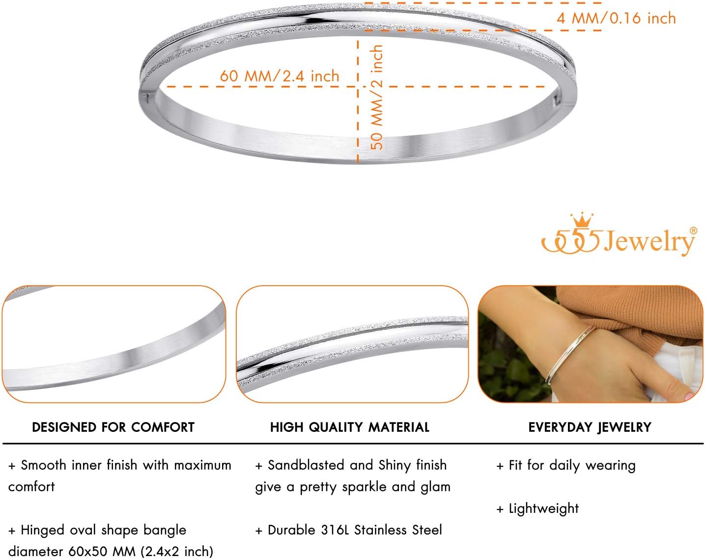 555Jewelry 4mm Sparkly Stainless Steel Solid Hinged Bangle Bracelet for Women