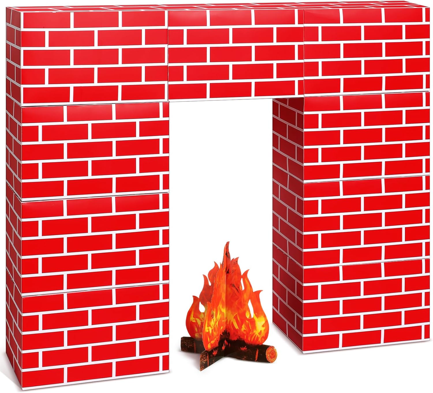 3D Artificial Red Brick Cardboard Fireplace 39 x 35 Inch DIY Christmas Fireplace with 3D Fire Flame Prop Fake Fireplace Backdrop for Christmas Party Background Decoration