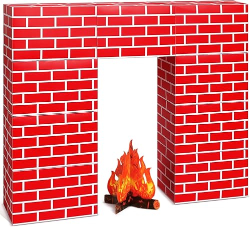 10 chimeneas de cartón de Navidad 3D de 39 x 35 pulgadas, chimenea artificial de Navidad con llama de fuego 3D, telón de fondo falso para decoración