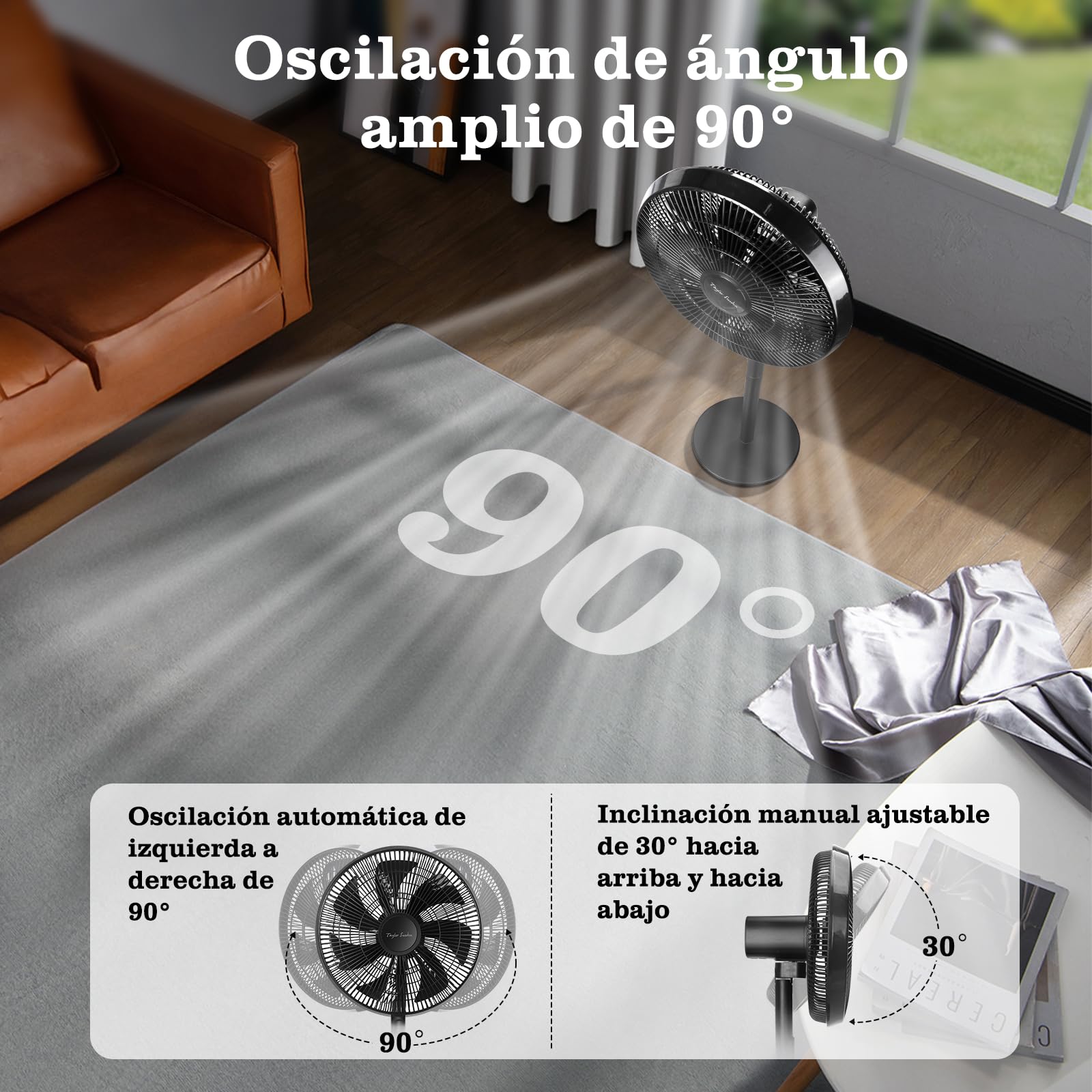 Taylor Swoden Eurus - Ventilador de pie y de mesa digital 2 en 1 con 7 aspas, 45W, temporizador 9h, mando a distancia, altura ajustable de 68 a 110 cm, 3 velocidades y 3 modos, oscilación de 90°