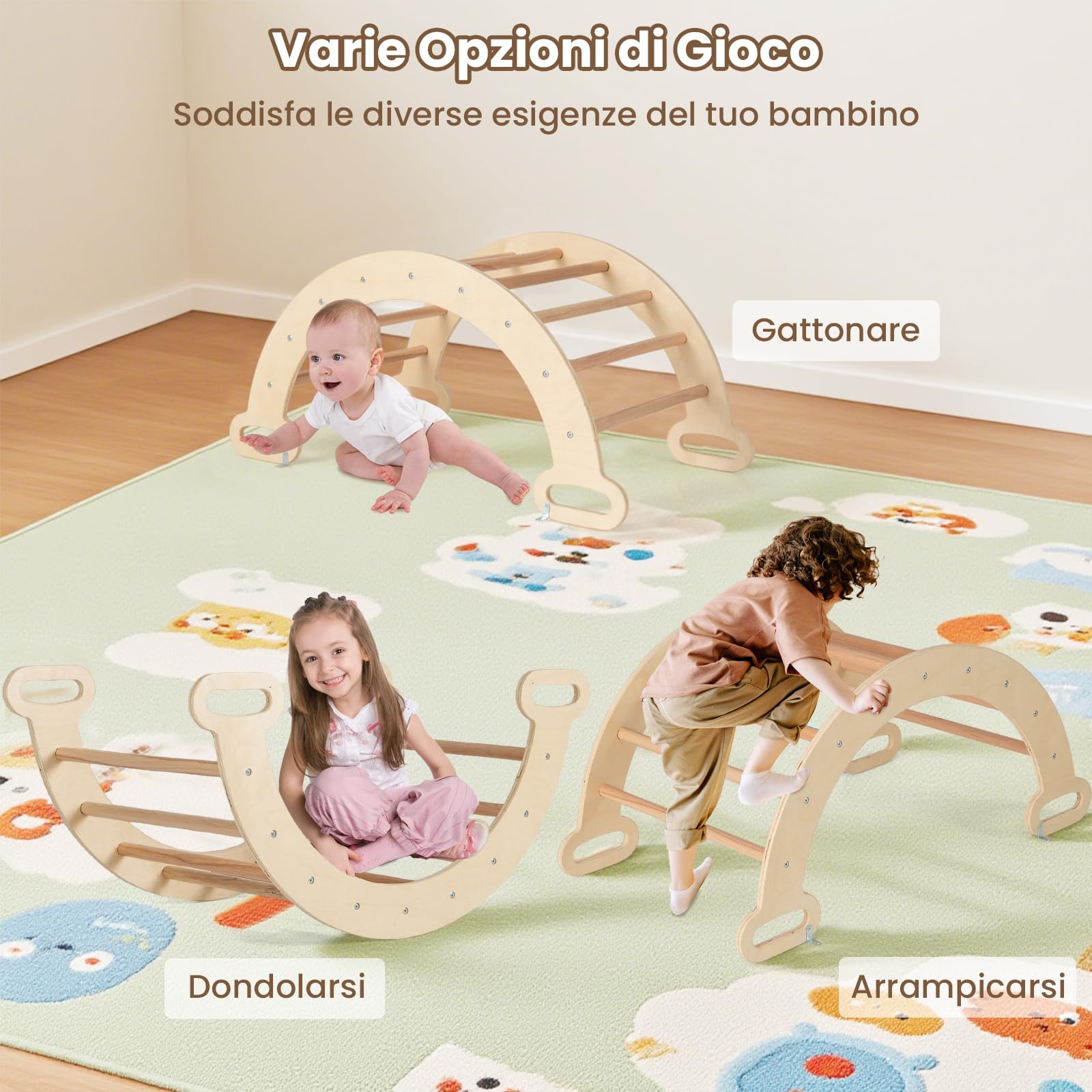 RELAX4LIFE 4 in 1 Triangolo da Arrampicata con Scivolo per Bambini, Arco da Arrampicata e Scala per Arrampicarsi in Legno, Montessori Giocattoli Bimbi 2 3 4 5 Anni