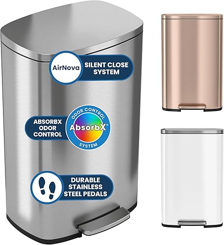 iTouchless SoftStep - Bote de basura de acero inoxidable, 13.2 galones, sistema de filtro de olores, pedal y tapa con cierre silencioso y fino, para