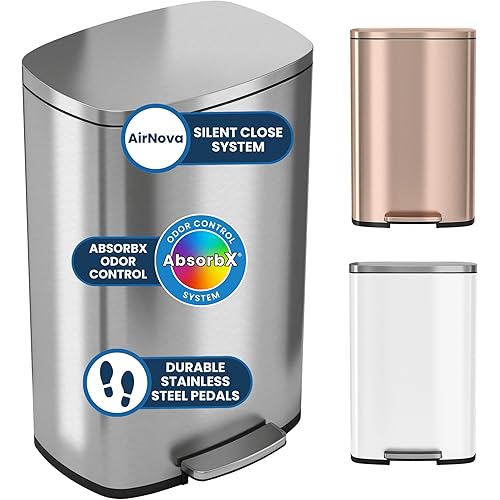 iTouchless 13.2 Gallon Step Trash Can with Odor Control Filter, Stainless Steel Kitchen Garbage Can, 50 Liter, Silent Soft-Close Step Pedal, Fingerprint-Proof, Silver