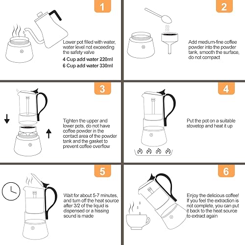 Miniatura 9 de Olla de vidrio transparente para 4 tazas, 7.4 fl oz, cafetera de acero inoxidable, sin recubrimiento, cafetera de café expreso, cafetera italiana,