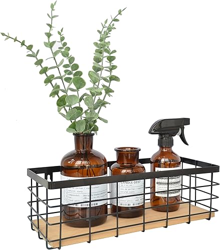 Vista 14 de Cesta de alambre de metal desmontable con base de madera, organizador de almacenamiento, cubos pequeños para armarios de cocina, baño, despensa