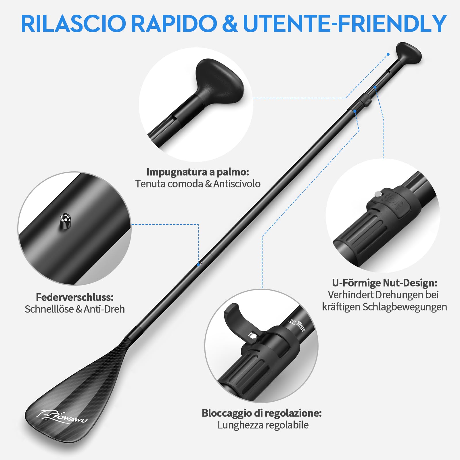FOWAWU Pagaia SUP Alluminio, Leggero 1.77 lbs (804g) Pagaia da 3 pezzi per SUP Stand Up Paddle Board, Remo per Sup Regolabile Telescopica 160 cm – 210 cm