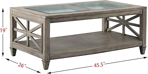 Miniatura 2 de PADMA HOUSE Mesa de centro moderna estilo granja con parte superior de vidrio templado y estante de almacenamiento, gris antiguo, 45.5 x 26 x 19