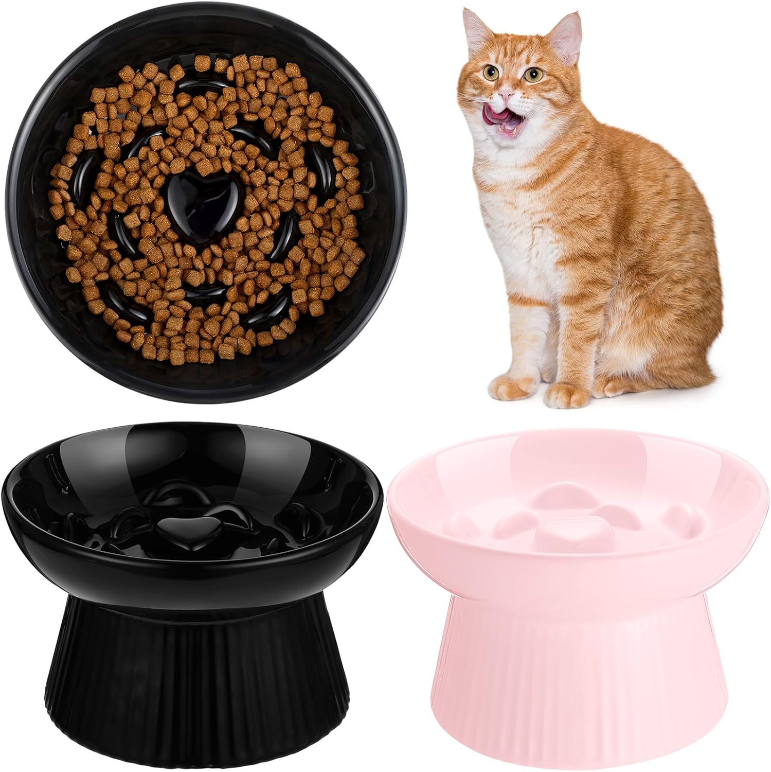 Tioncy 2 Pcs Raised Cat Slow Feeder Bowl Ceramic Elevated Cat Dog Food Bowl No Spill High Edge for Dry Wet Food and Water Easy to Clean, Dishwasher Safe(Black, Pink)