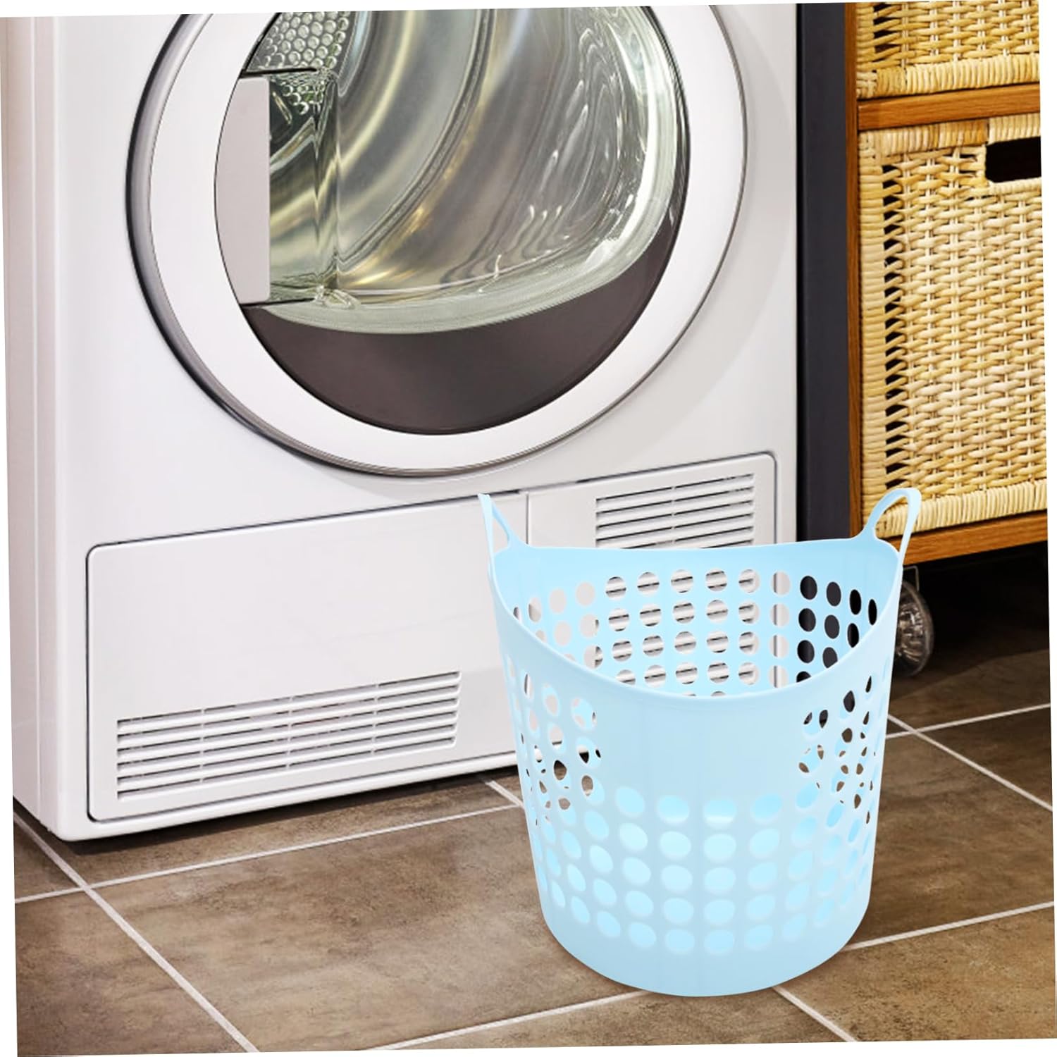 Wakauto Portable Hollow Laundry Hamper Medium Round Reusable Plastic Basket with Smooth Surface for Dry Dirty Clothes Storage in Bathroom and Nursery