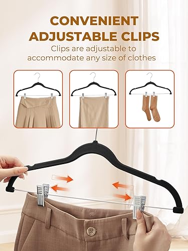 Miniatura 5 de HOUSE DAY Perchas de terciopelo para faldas, paquete de 12 perchas de terciopelo negro para pantalones con clips ajustables, ahorran espacio,