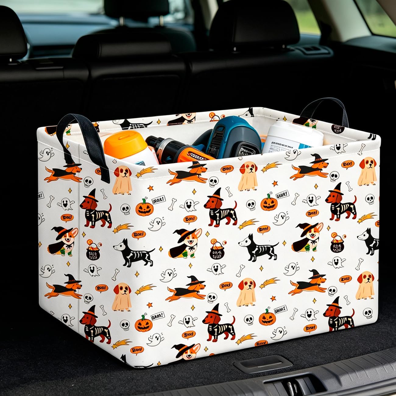 CLOCOR Rectangular Storage Basket,Collapsible Cute Pattern Storage Bin,Waterproof Books Box with Handles,Gift Basket,Room Decor（Dog Ghosts Halloween）