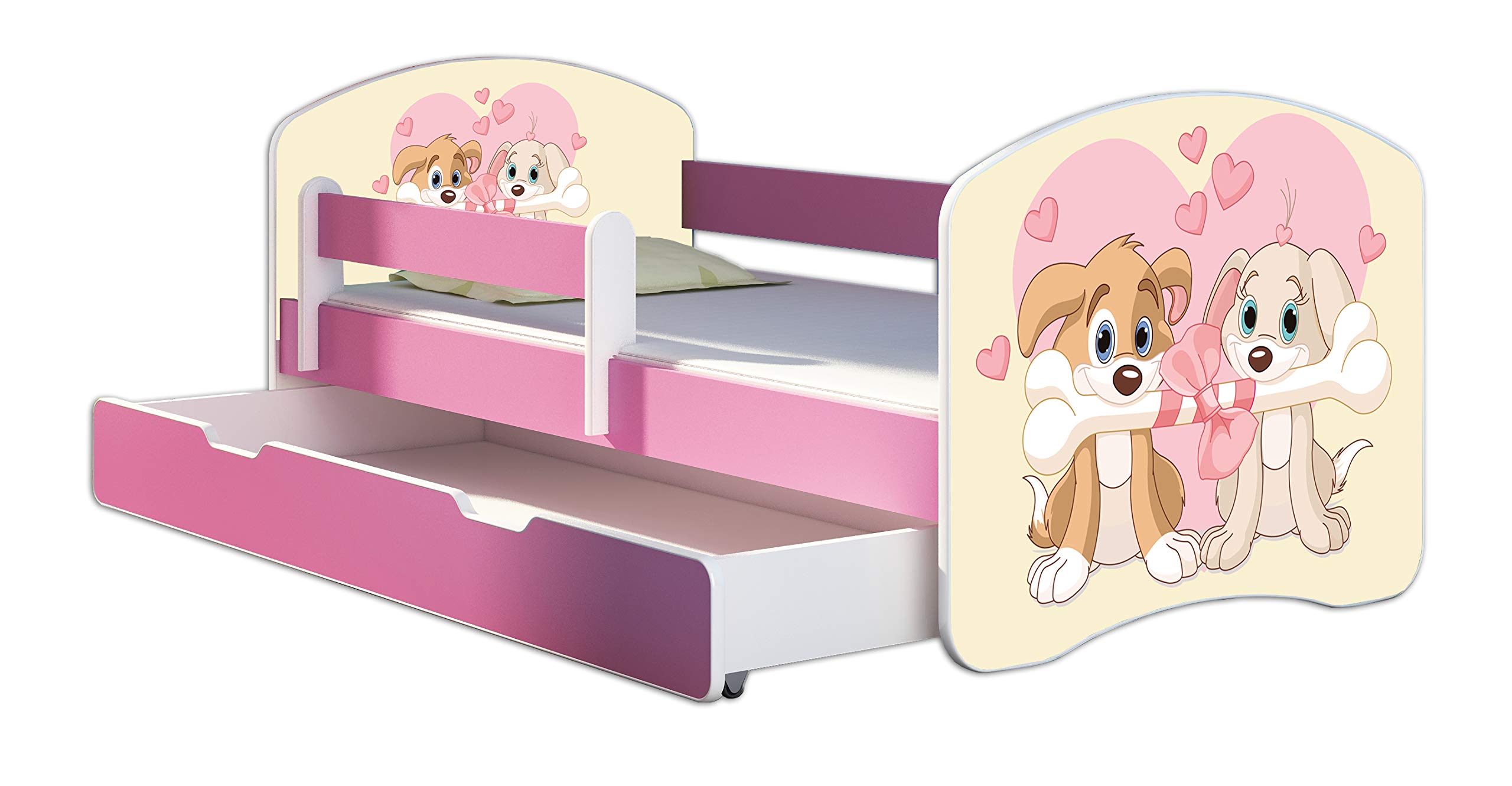 Lit Enfant 70 x 140 cm avec Tiroir, Matelas et Sommier à Lattes - Lit Junior avec Barrière de Sécurité - Rose