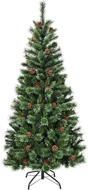 COSTWAY 6ft/7ft/8ft Christmas Tree, Premium Hinged Full Tree with Mixed Pine Needles, Cones and Metal Stand, Xmas Trees for Indoor and Outdoor Decor (Green, 6ft)