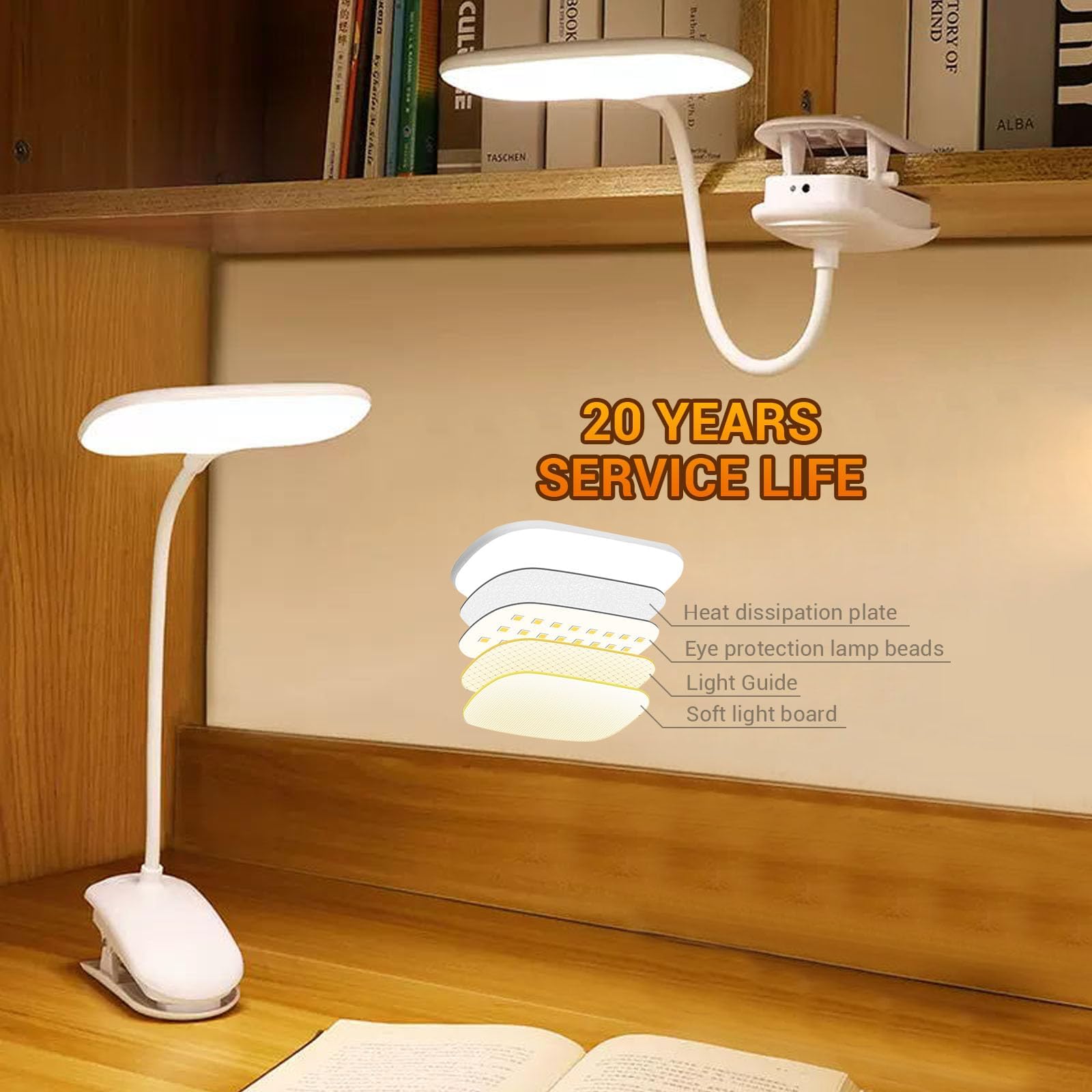 Lampe de bureau LED avec pince, lumières à clipser pour la maison, le bureau, 3000 mAh, piles rechargeables, 3 modes d'éclairage et variateur de luminosité pour enfants et étudiants