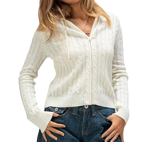 Giraropa Women's Zip Up Hooded Cardigan Sweater Y2k Cable Knitted