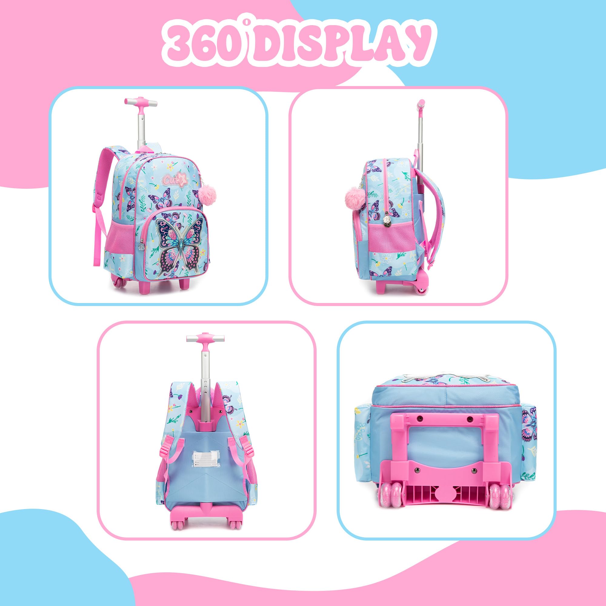 Meetbelify Sac à dos à roulettes pour enfants avec roulettes pour filles et garçons, sacs à dos à roulettes avec boîte à déjeuner pour élèves du primaire, 01 Papillon rose