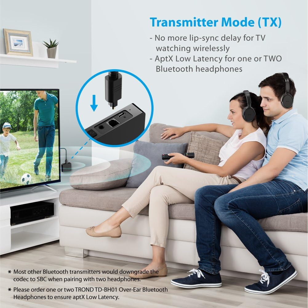 TROND Bluetooth Transmitter Receiver for TV PC iPod, Digital Optical Input & 3.5mm Aux Port, 500mAh Battery Powered, Dual Link AptX Low Latency - Specially Designed for Pairing Two Devices