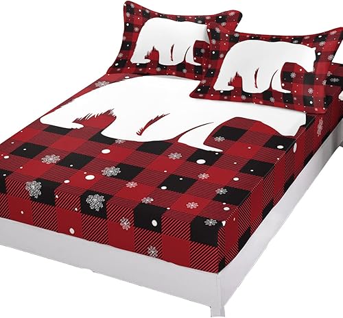 Miniatura 2 de Juego de sábanas bajeras de tamaño King con diseño de oso polar de Navidad, copos de nieve, bolsillo profundo, sábanas y fundas de almohada suaves