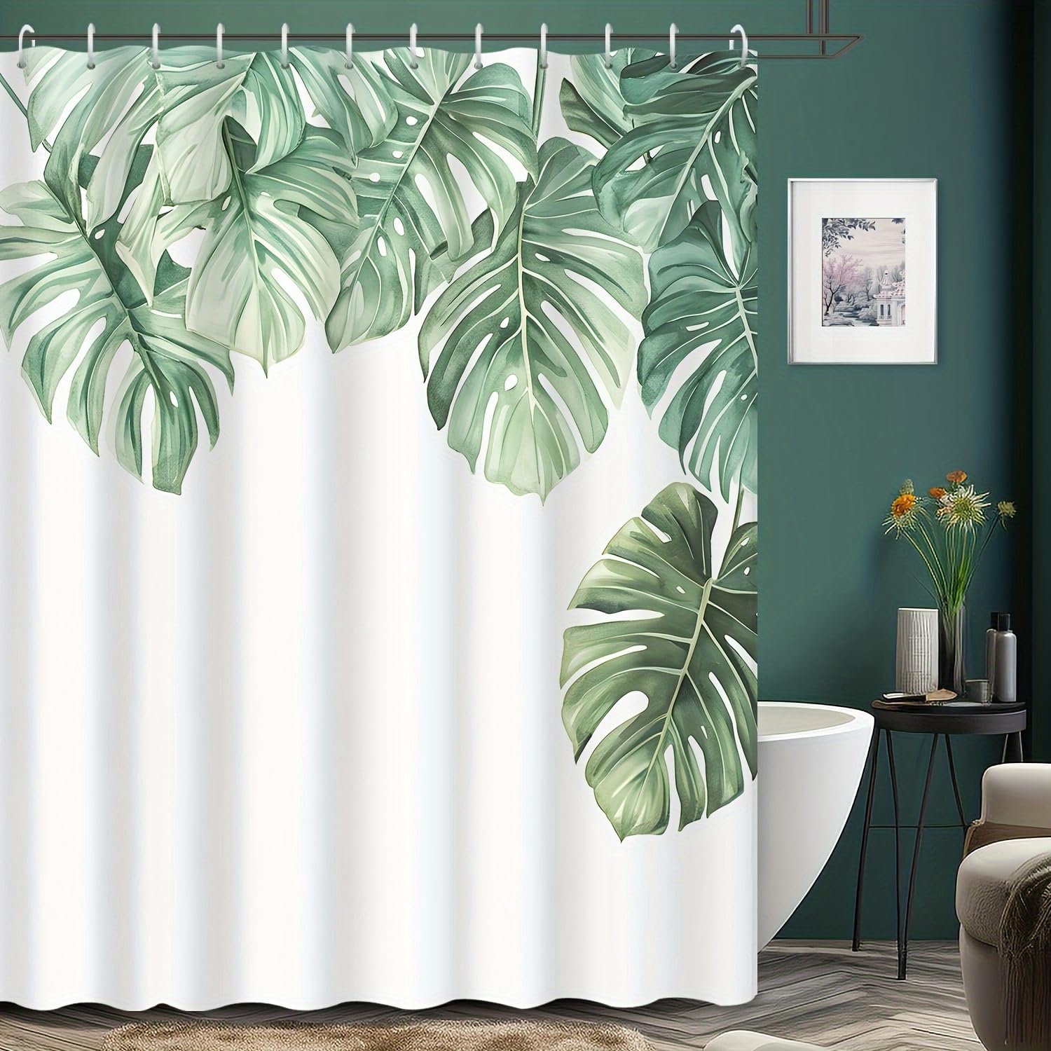 Rideau de douche feuilles vertes Monstera pour ambiance spa nature