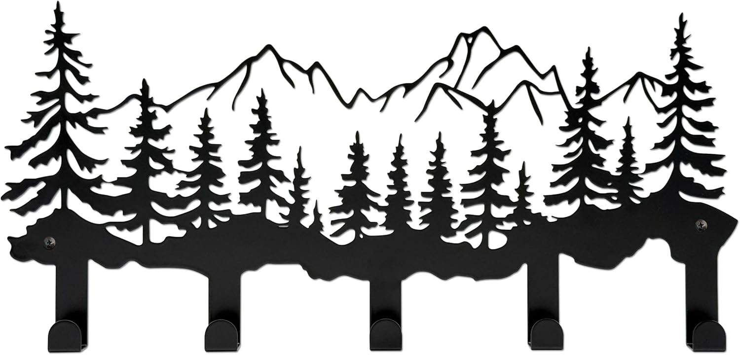 Metal Mountain and Pine Tree Key Hooks Holder with 5 Hooks, Rustic Vintage Cabin and Mountain Wall Decor for Home Storage Farmhouse Office Rustic Room Living Room Hallway Bedroom