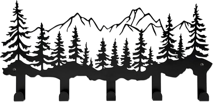 Metal Mountain and Pine Tree Key Hooks Holder with 5 Hooks, Rustic Vintage Cabin and Mountain Wall Decor for Home Storage Farmhouse Office Rustic Room Living Room Hallway Bedroom