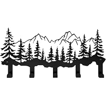 Metal Mountain and Pine Tree Key Hooks Holder with 5 Hooks, Rustic Vintage Cabin and Mountain Wall Decor for Home Storage Farmhouse Office Rustic Room Living Room Hallway Bedroom