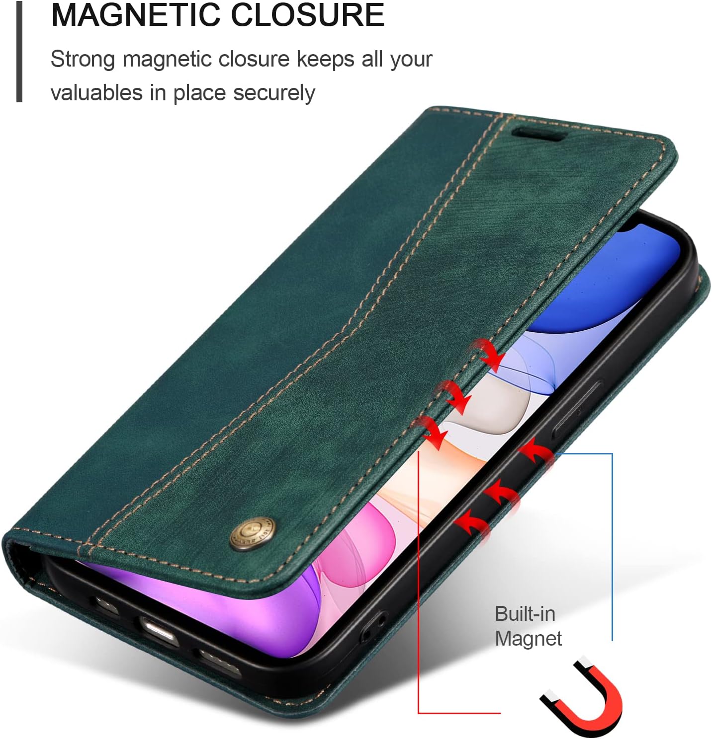 QLTYPRI Wallet Case for iPhone 11[6.1 Inch], Vintage Folio PU Leather Case with Card Slots Magnetic Closure Kickstand Flip Shockproof Phone Cover for iPhone 11 - Dark Green - Image 3