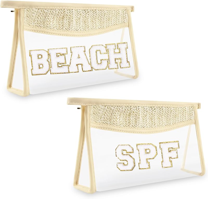 Necessaire transparente Iqimott com letras chenille e zíper, 2 unidades, 20,07 x 14,48 x 5,99 cm, Beach-SPF