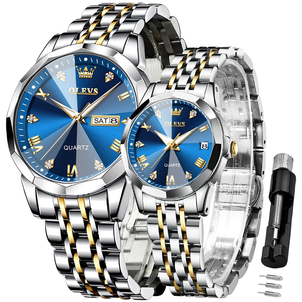 Valentines Couple Pair Quartz Watches Luminous Calendar Date Window 3ATM Waterproof, Casual Stainless Steel His and Hers Wristwatch for Men Women Lovers Wedding Romantic Gifts Set of 2
