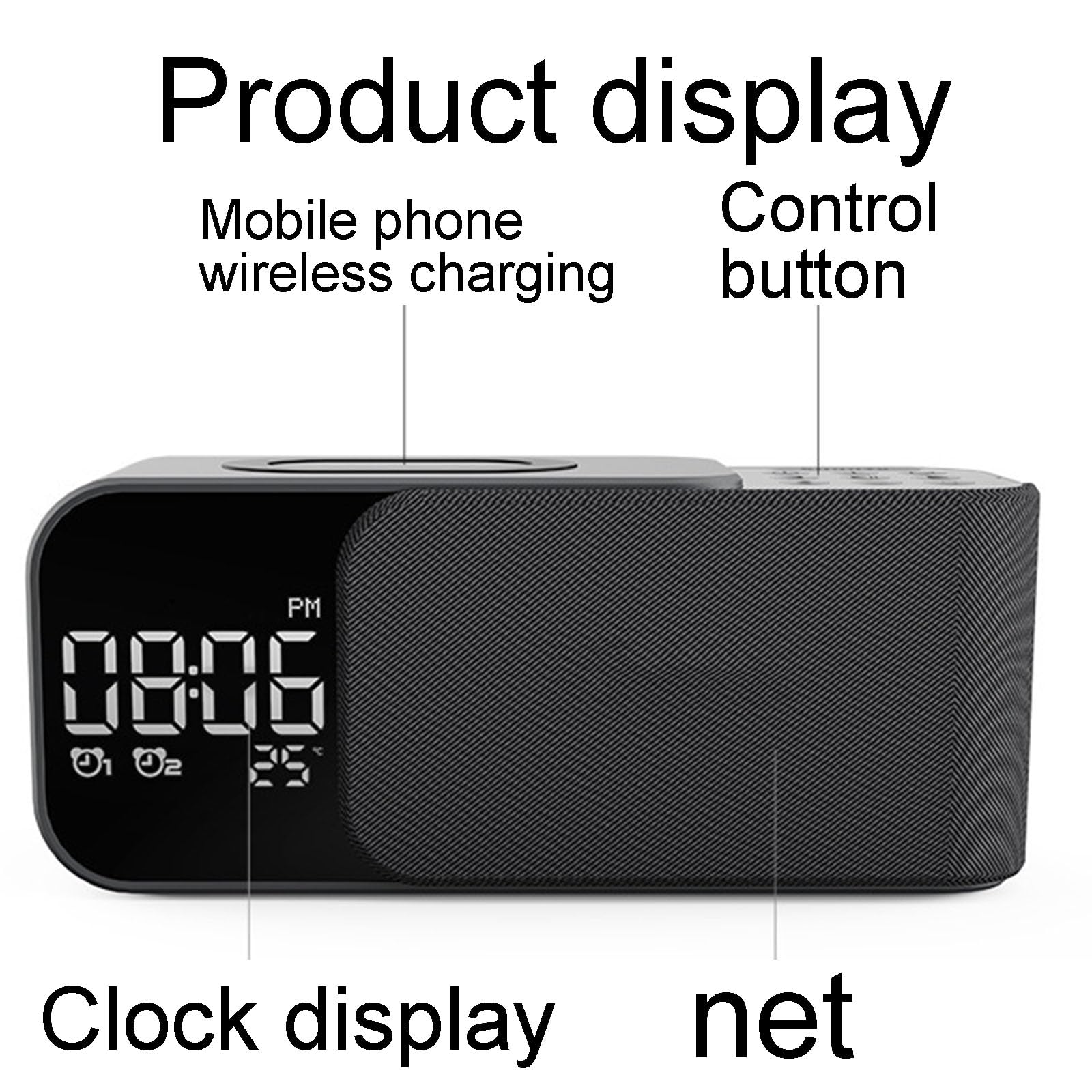 Sveglia con altoparlante Bluetooth con ricarica wireless, radio FM, doppio allarme, altoparlante da 5 W, suono potenziato dai bassi per casa o ufficio
