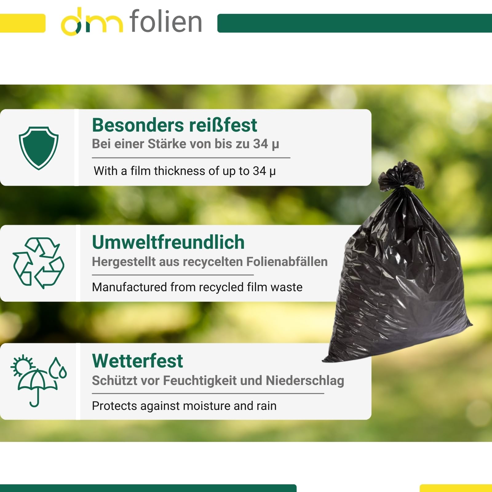 dm-folien Schwarze Müllsäcke 120 Liter I 250 Stück I 700 x 1100 mm I Große Abfallbeutel für leichte bis mittelschwere Abfälle I Reißfeste Müllbeutel aus LDPE Regenerat I Foliensäcke 34 my
