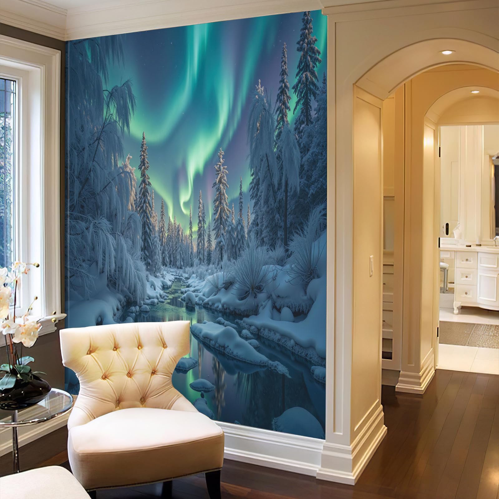 Carta da parati 400x280cm - Murale alla Fiumi Di Ghiaccio E Neve Aurora Boreale Decorazione da Muro Poster Gigante Paesaggio Invernale Tessuto di Seta per Camere Soggiorno Ufficio, Verde Fluorescente