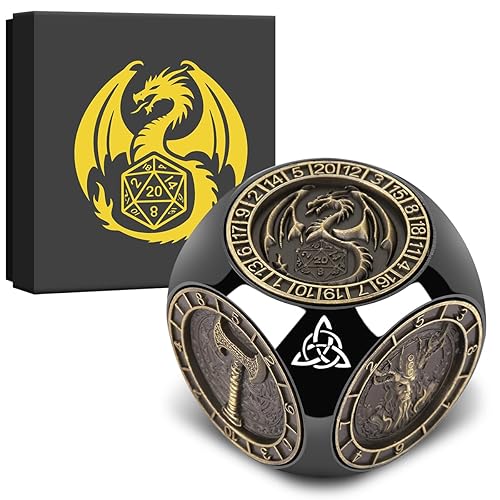 DND Fingertip Spinner Würfel, 7-in-1 Metall Würfel Set mit 3D Relief, D&D Polyedrische Rotierende Spielwürfel, DND Geschenke mit Drachen Logo Geschenkbox, RPG, Rollenspiel Brettspielzubehör, Schwarz - Schwarz