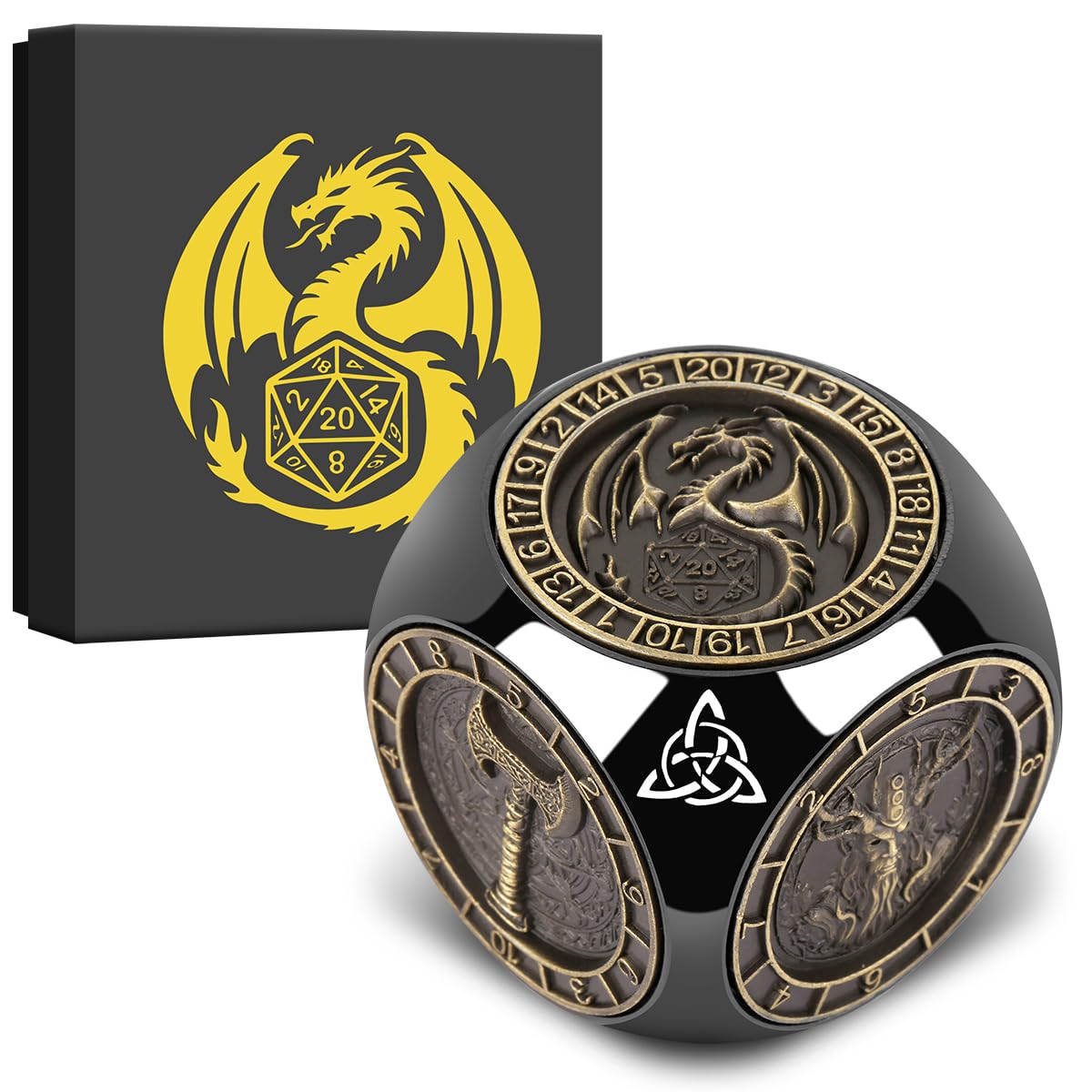 Dés Rotatifs du Bout des Doigts DND, 7-en-1 Métallique D&D Dés avec Relief 3D, Dés Polyédriques Tournants D&D, Cadeaux DND avec Boîte Cadeau, RPG, Jeu de Rôle, Accessoires de Jeu de Société, Noir