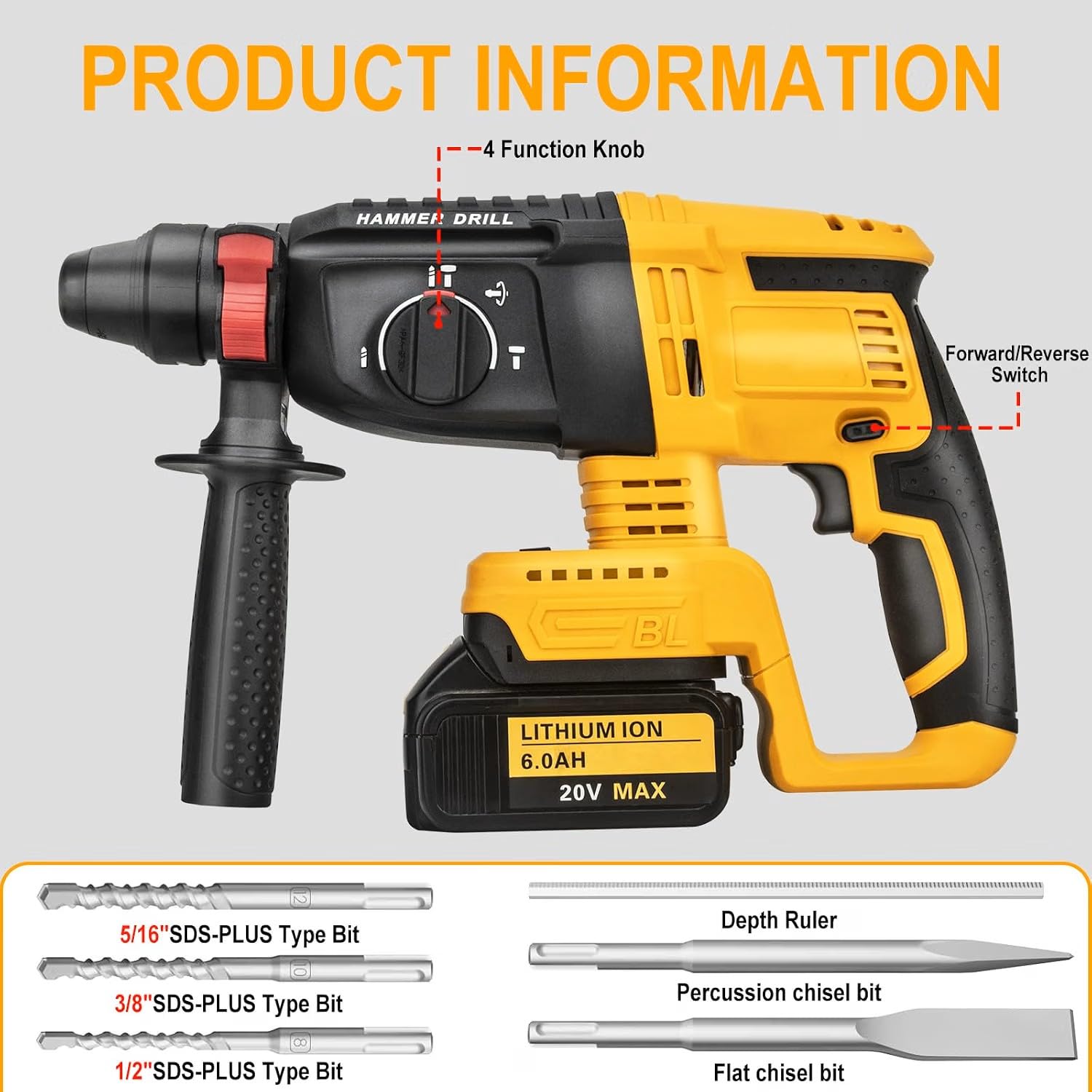 Taladro de martillo SDS Plus para batería Dewalt de 20 V, motor sin