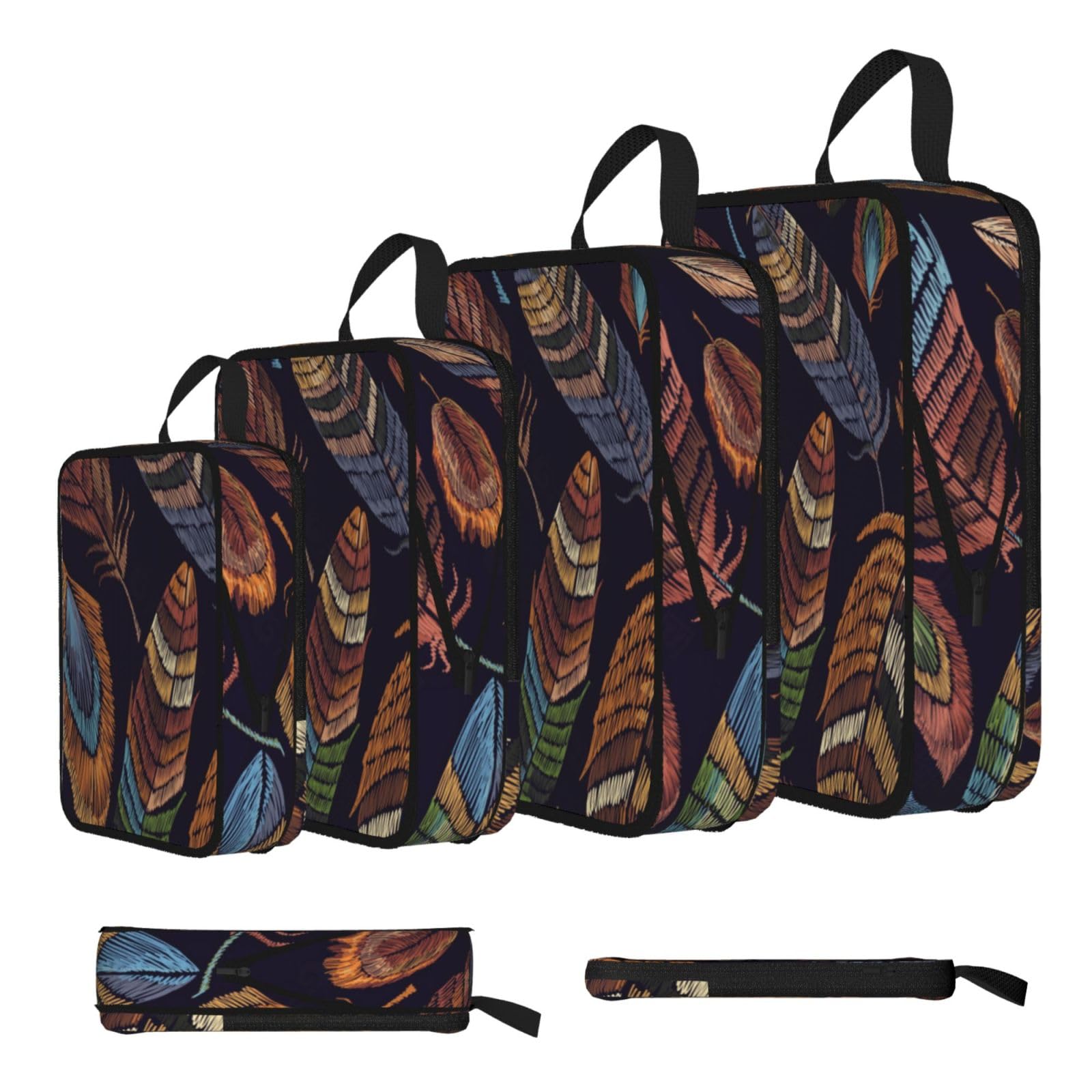 Peacock Feather Print 4 Set Compression Packing Cubes For Suitcases,Expandable Storage Bags Organizers
