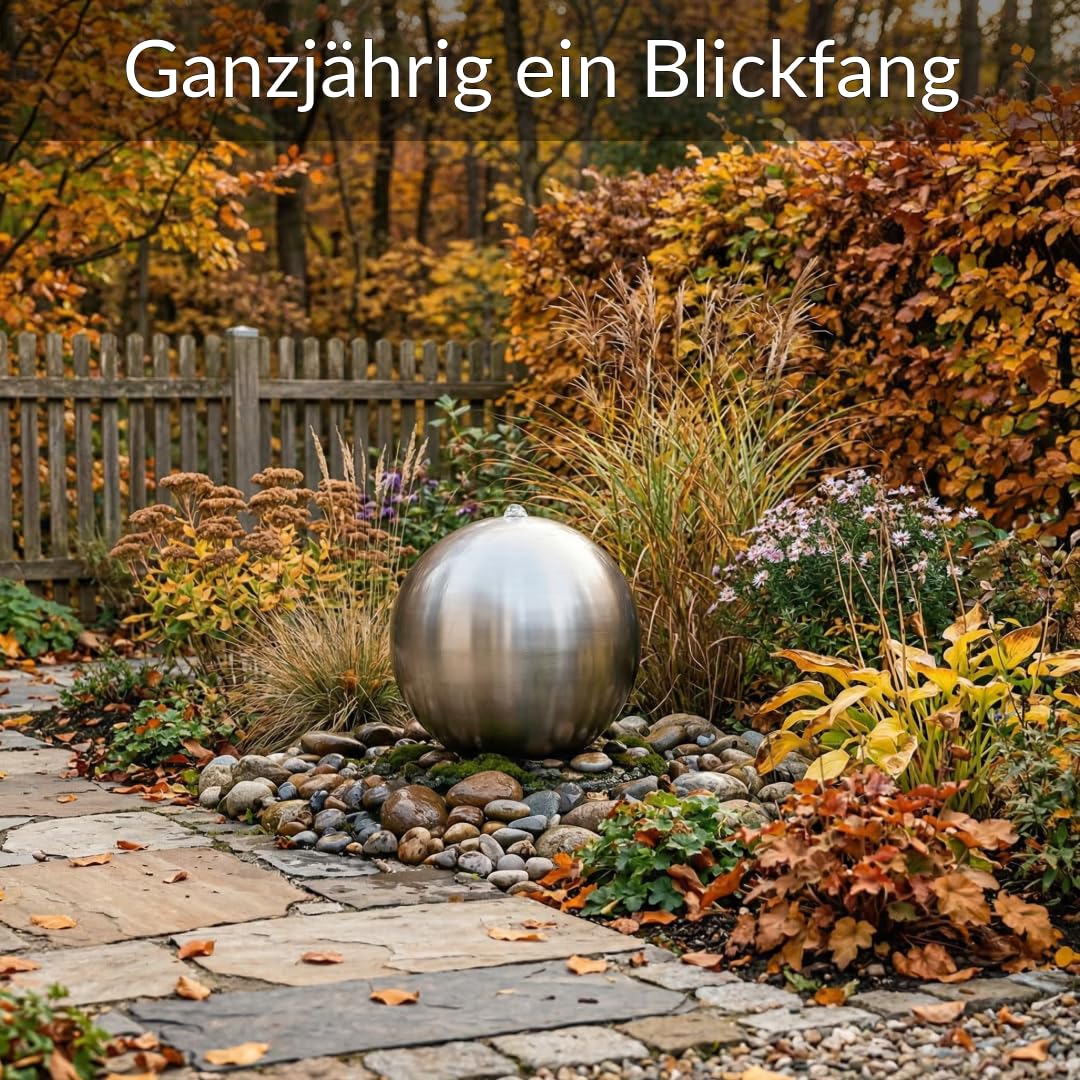 Kugelbrunnen aus matt gebürstetem Edelstahl D: 38 cm – Edelstahlkugel matt für Gartenbrunnen, Wasserspiel Garten, 30 mm Lochbohrung, 1/2 Zoll Schlauchanschluss, Edelstahlbrunnen für DIY Brunnenanlagen