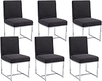 Vista 16 de Juego de 2 sillas de comedor modernas, sillas de comedor tapizadas de lino con patas de metal cromado para comedor, tocador, cocina, sala de estar
