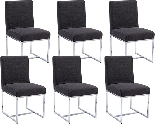 Miniatura 16 de Juego de 2 sillas de comedor modernas, sillas de comedor tapizadas de lino con patas de metal cromado para comedor, tocador, cocina, sala de estar