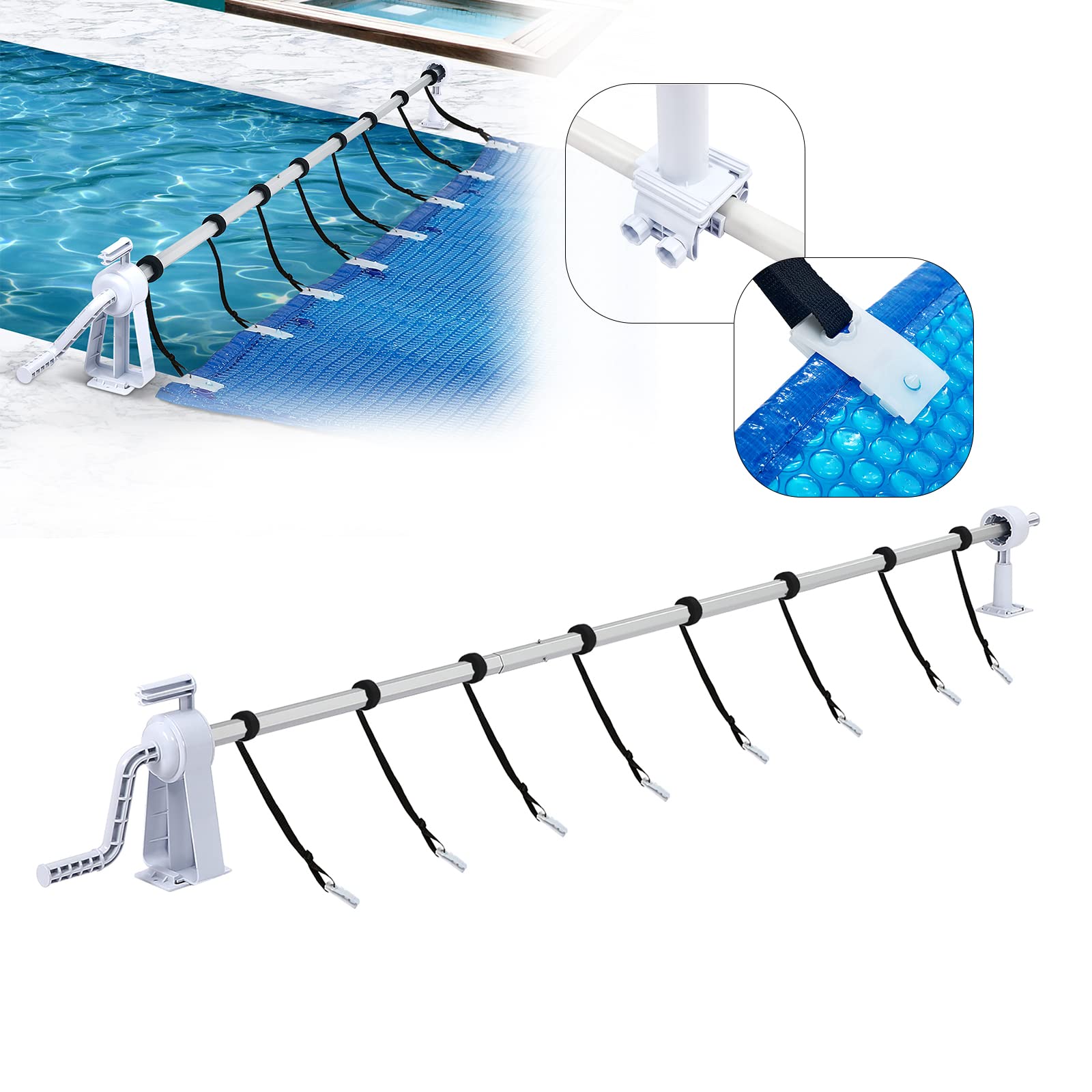 Pool Aufroller Aufrollsystem Aufrollvorrichtung aus Aluminium inkl. 8 Befestigungsbänder für Poolplanen & Solarfolie - 1,05m bis 6,15 m verstellbar