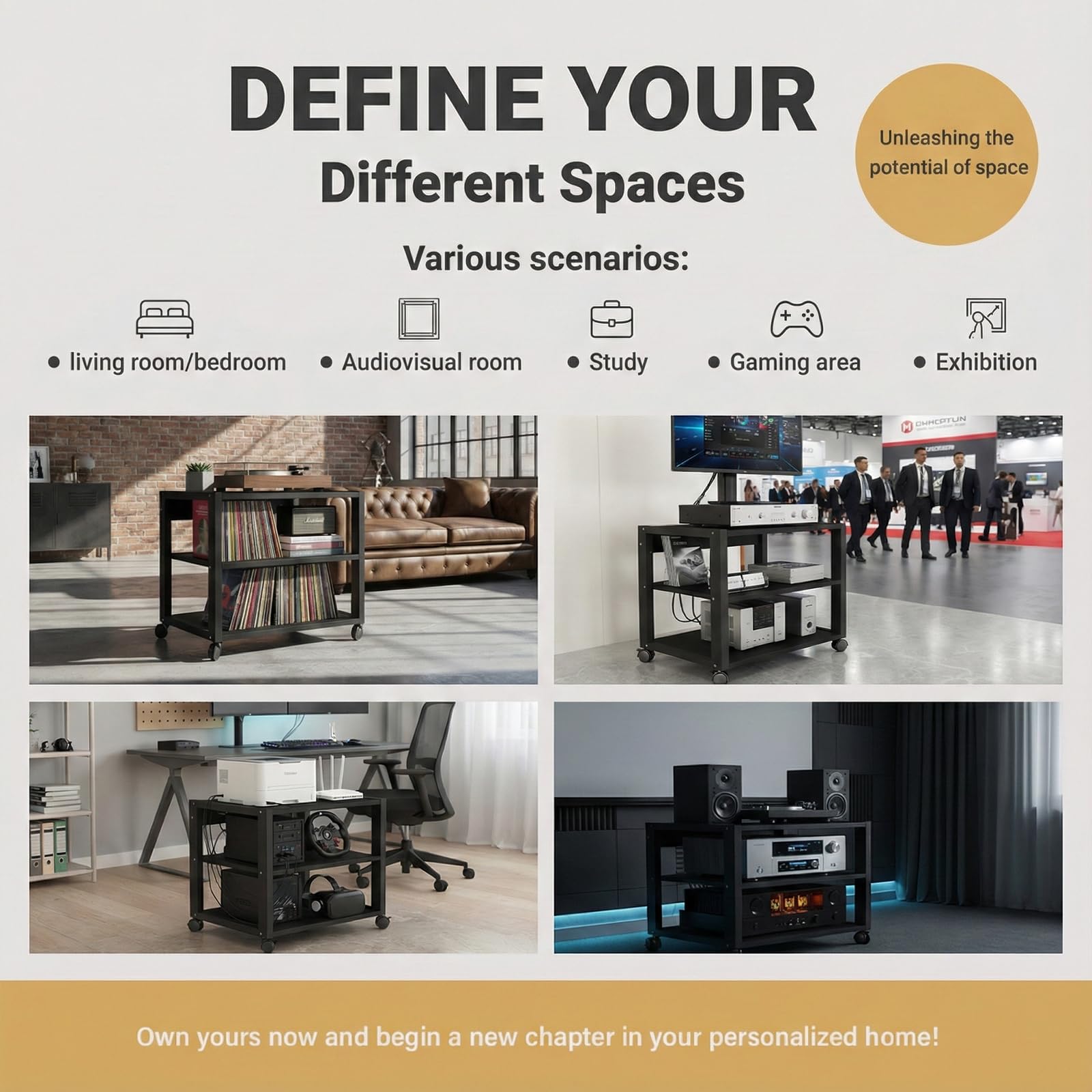 Supporto Stampante e Rack Audio Hi-Fi con Ruote, Carrello Multiuso a 3 Ripiani per Ufficio e Soggiorno, Tavolino Porta Stereo per Amplificatore e Giradischi, Struttura Robusta in Metallo, Nero