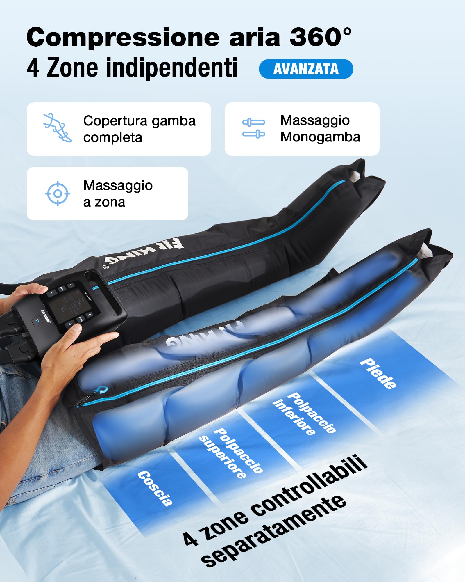 FIT KING Massaggiatore per Gambe con Controllo 4 Zone, Ricaricabile, Stivali a Compressione d'Aria per Recupero e Rilassamento Muscolare Profondo Portatile Senza Fili 12 Intensità 3 Modalità (S)