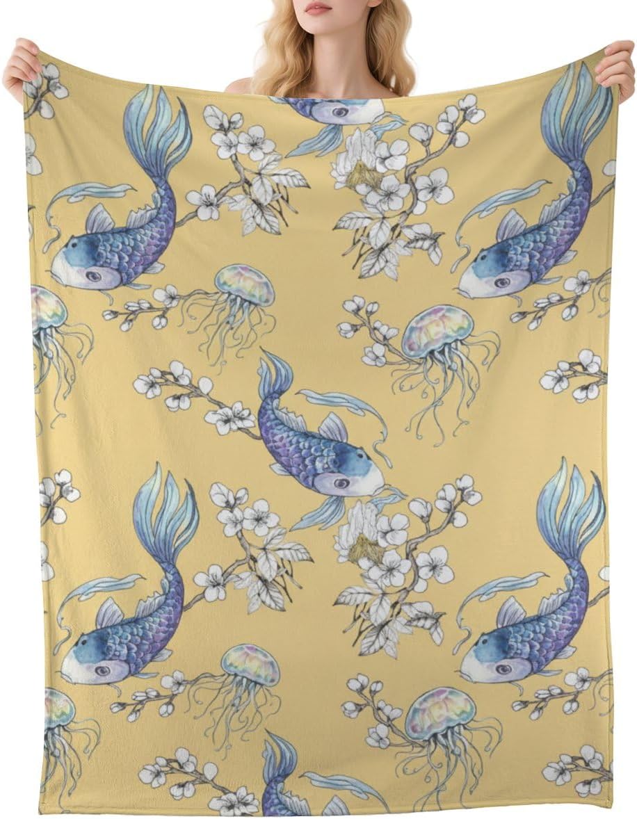 Protable Soft Throw Blankets for Women Abstract Fish Flowers White Yellow Blue Throw Blanket for Sofa Lightweight Premium Bedding Blankets Decorative Decorative Sofa Blanket Decor 60x80 inch