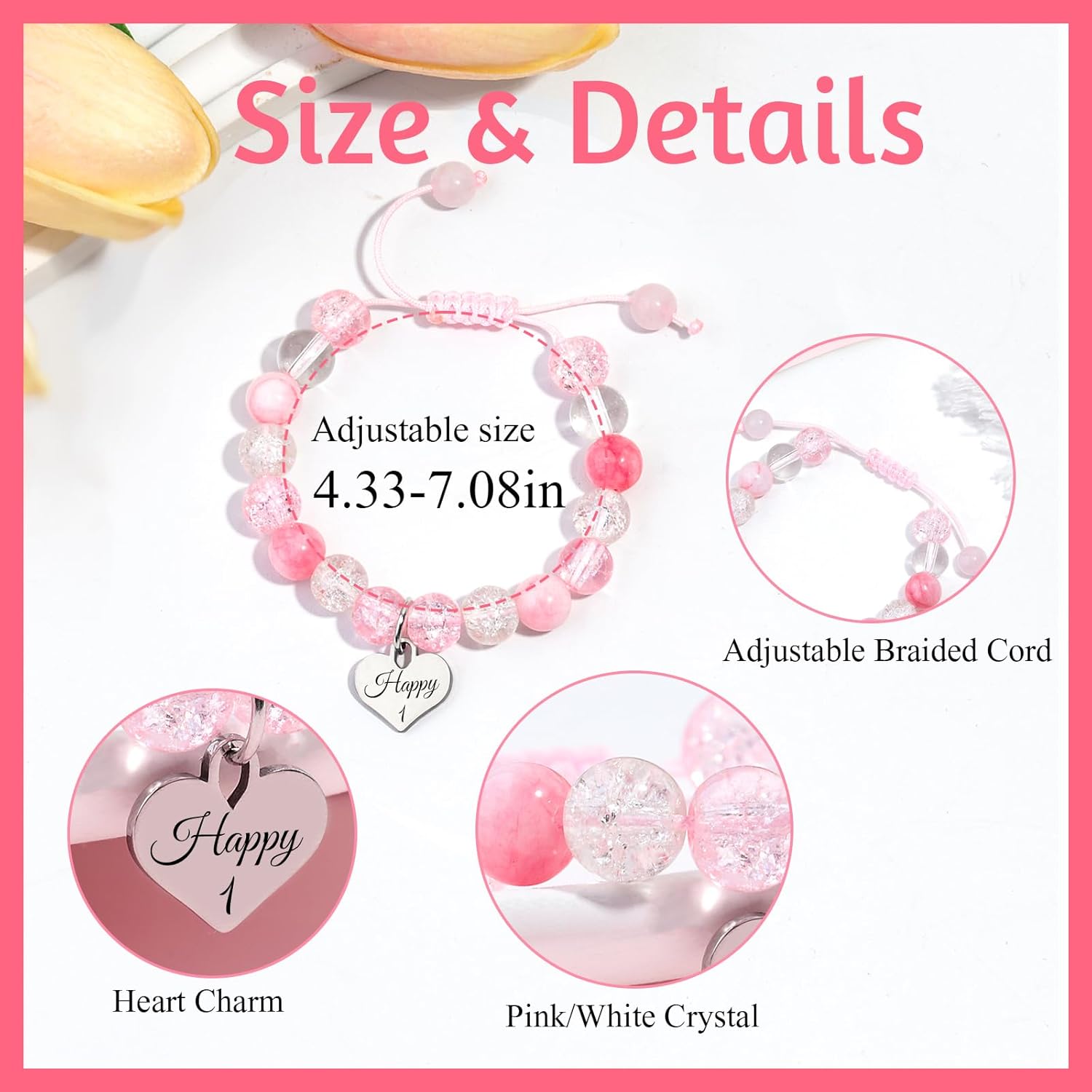 Birthday Bracelets Gifts for 1 2 3 4 5 6 7 8 Year Old Girls, Pink and white crystals Heart Charms Bracelets, Birthday Gifts for Girls Daughter Granddaughter Niece - Image 2