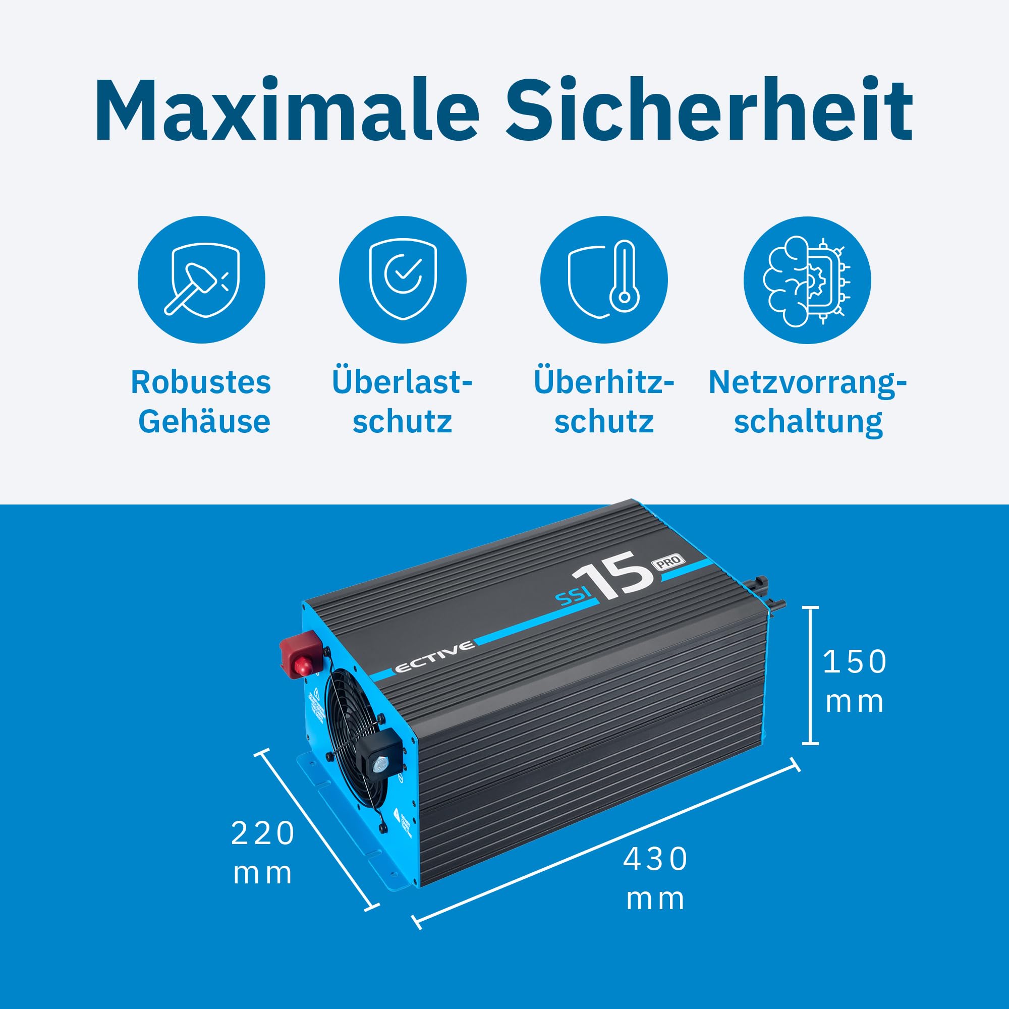 ECTIVE - Wechselrichter 12V auf 230V SSI PRO 15-1000W Reine Sinuswelle - Spannungswandler DC/AC mit USB, Überlast- & Überhitzungsschutz, NSV & USV, MPPT-Solarladeregler & 30A Batterieladefunktion
