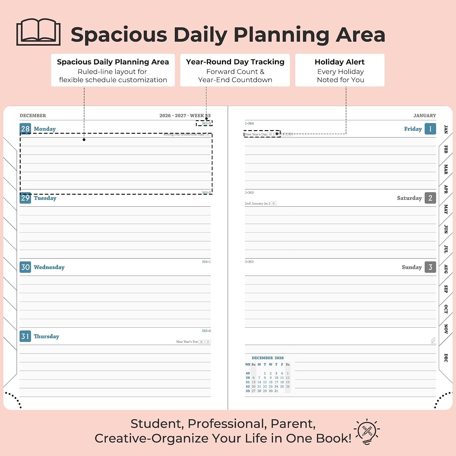Planner 2026-2027 Daily Weekly and Monthly,8.5"x6.5",18 Months Spiral Bound Calendar Agenda with Self-adhesive Pen Holder,2026 Academic Plan with Vegan Leather Soft CoverPink