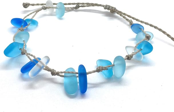 Blue Sea Glass Bracelet on Hand Spun Rope Cord, Mixed Blue Casual Ocean Jewelry, Del Mar, Beach Gift for Women, Handmade in the Caribbean Bracelet