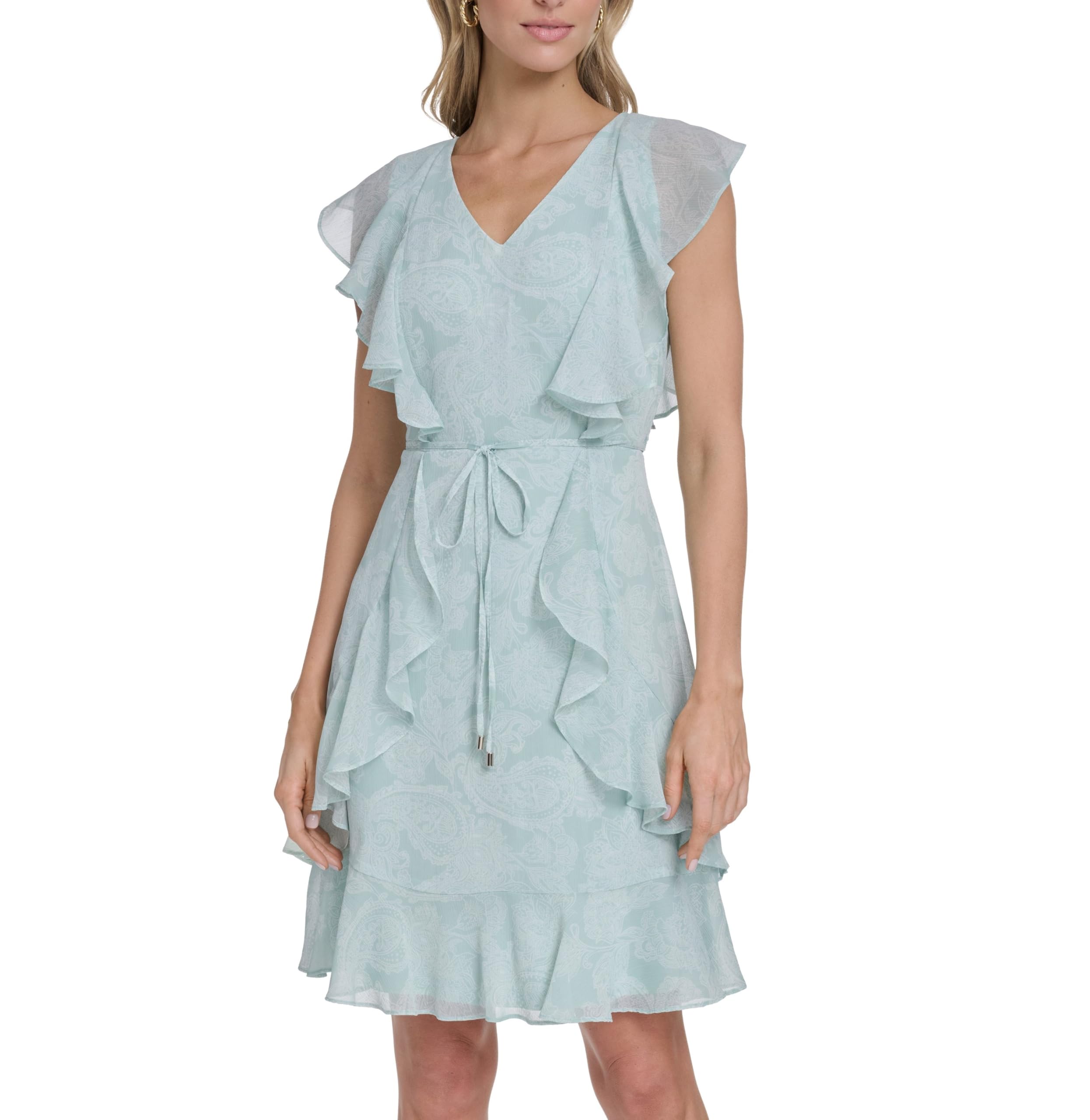 Tommy Hilfiger Women's Sleeveless V-Neck Ruffle Trim Tie Waist Chiffon Mini Dress