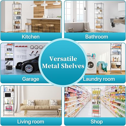 Miniatura 7 de Estantería de 6 alambres ajustable, estante de almacenamiento de metal con patas niveladoras para armario, lavandería, despensa, cocina, garaje,
