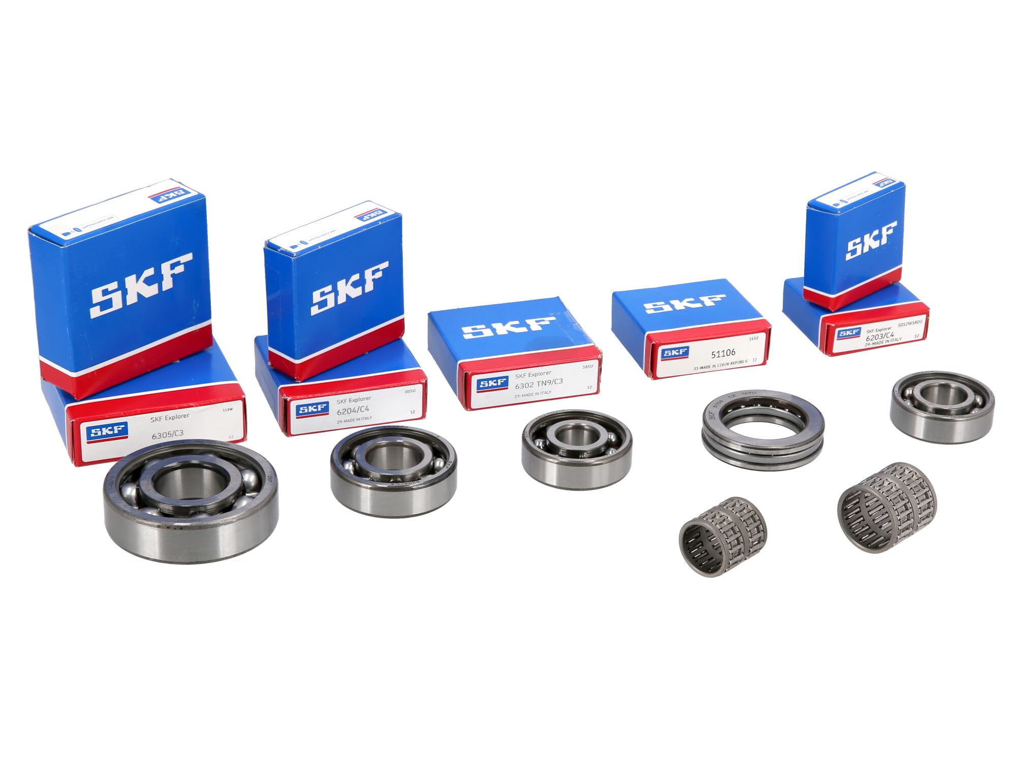 Kugellager SET, 10-teilig, SKF-MARKENLAGER - 2x 6305 C3 / 1x 6302 C3 / 2x 6203 / 2x 6204 / 1x 16005 / 1x Nadelkranz 18x22x24 / 1x 22x26x26 ), Motor MM 250/3 - ES175/2, ES250/2, ETS250, TS250